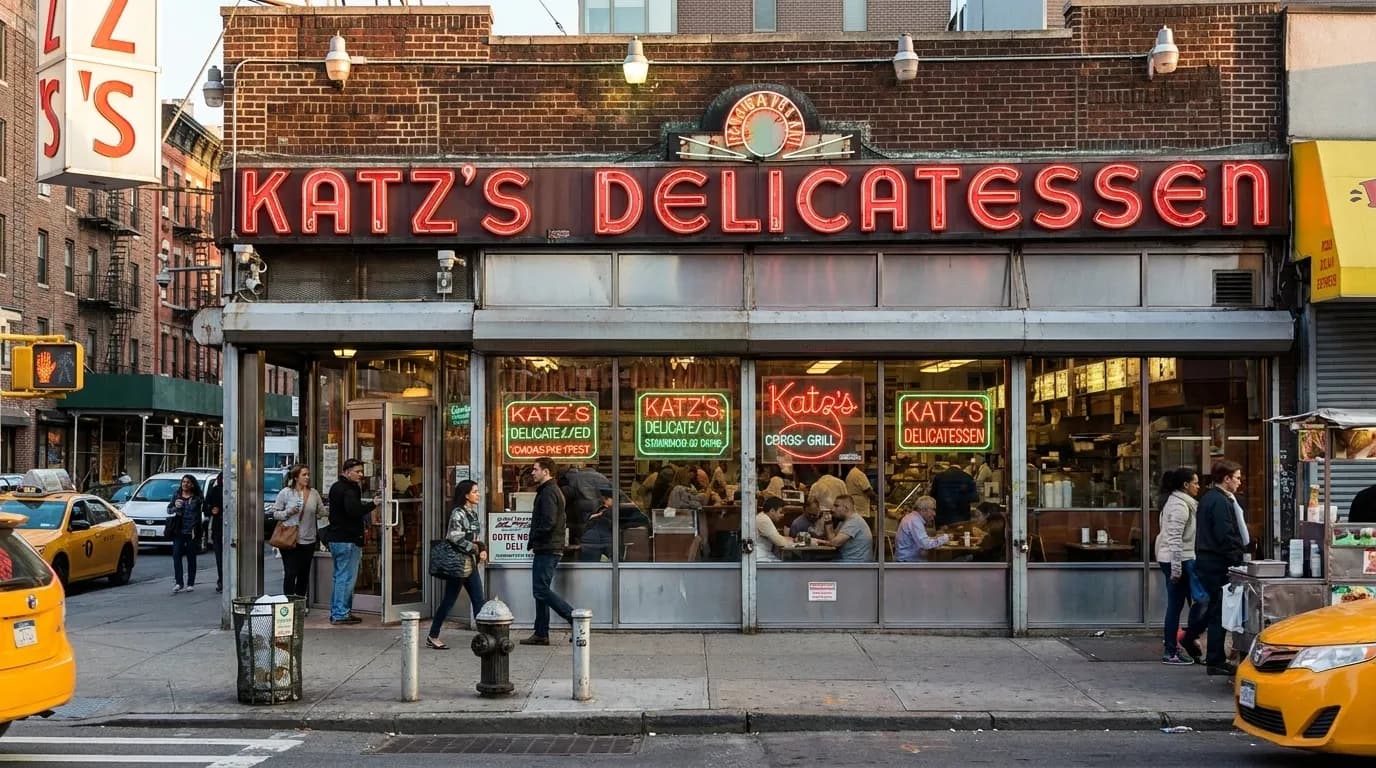 Historic Katz's Delicatessen storefront on Houston Street