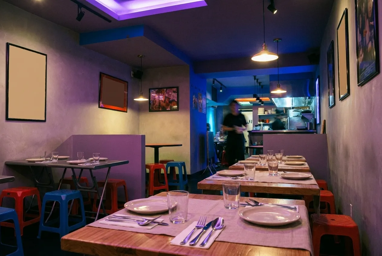 A dining room in the last quiet minutes before service, tables set under low warm light