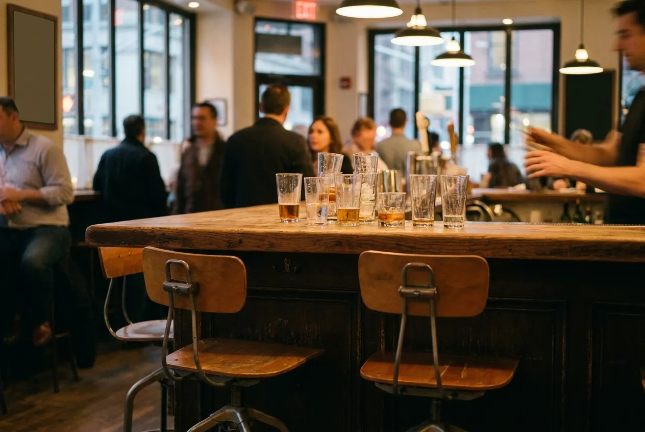 The bar rail of a busy restaurant, glasses set down between two stools kept for walk-ins