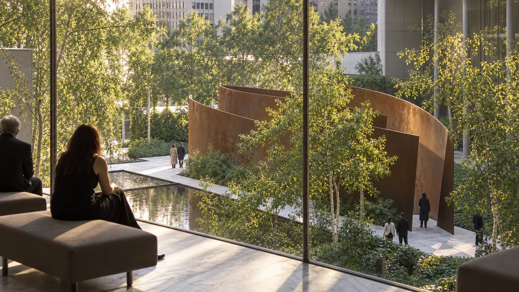 Low afternoon light crosses the sculpture garden beyond The Modern’s glass, with angular sculptures, clipped greenery and Midtown façades.