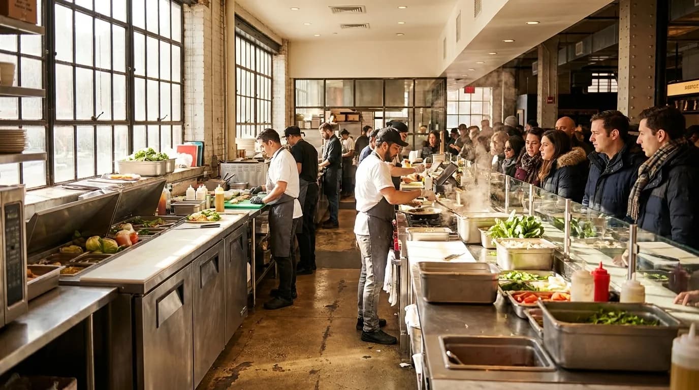 Bright interior of Chelsea Market food hall with vendor counters and natural light
