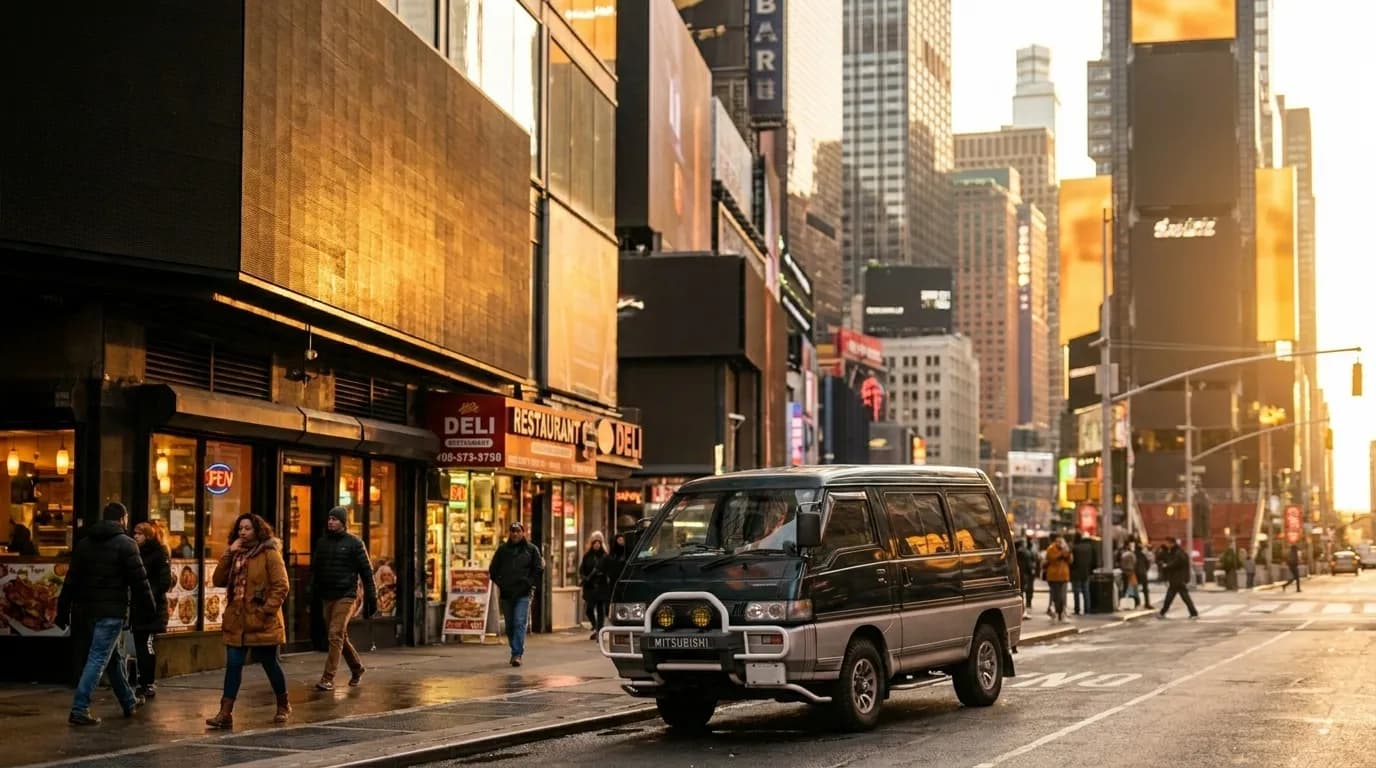 Urban New York street scene with storefronts and pedestrian traffic