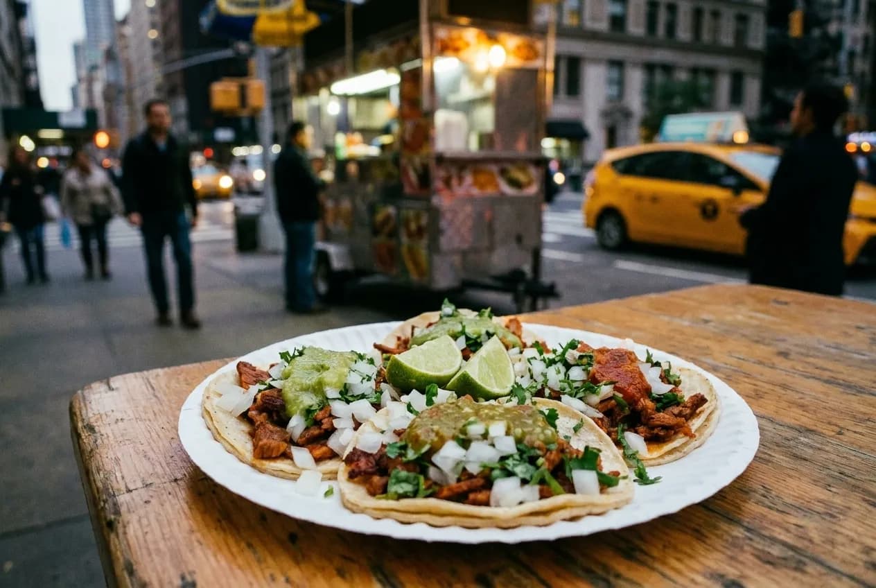 Three tacos on a paper plate, onion and coriander scattered across them