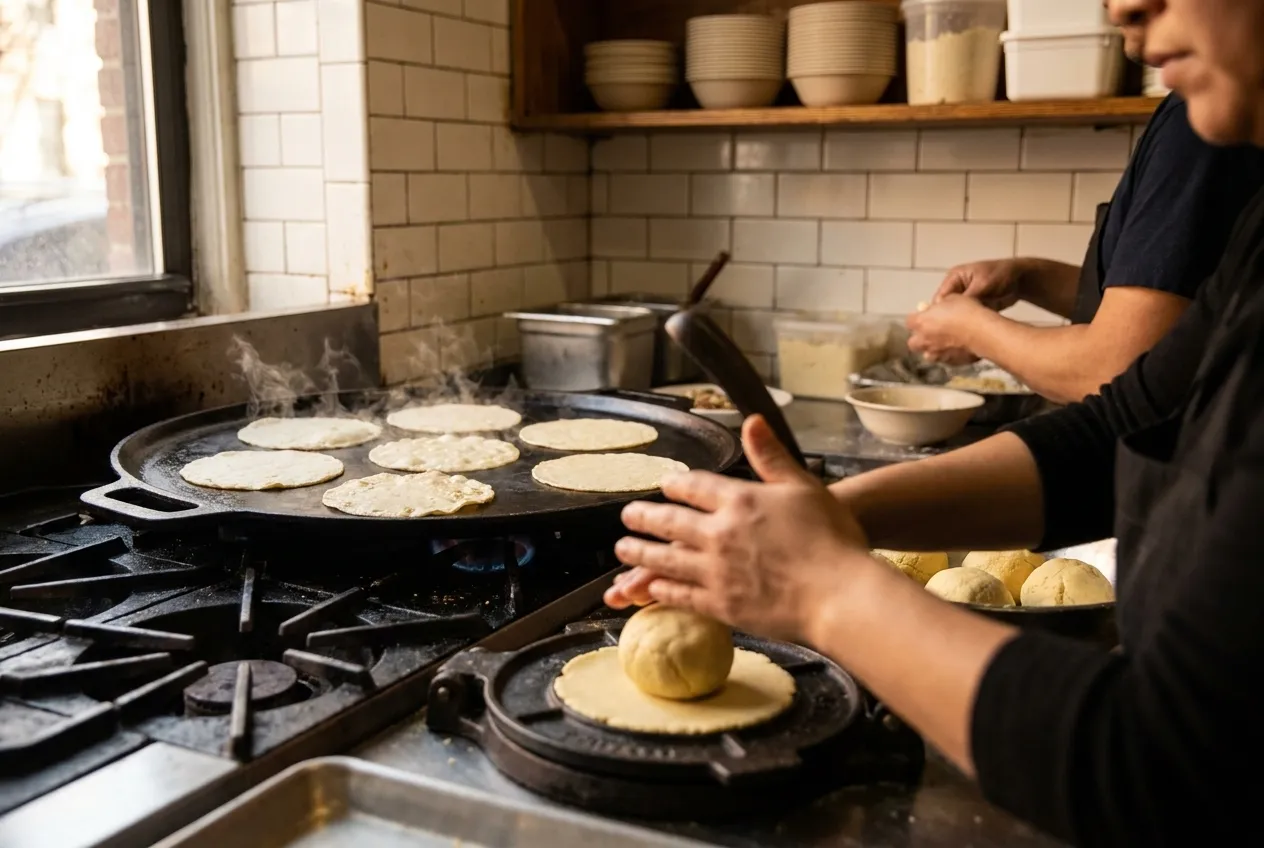 Fresh masa pressed and going onto the comal behind a counter