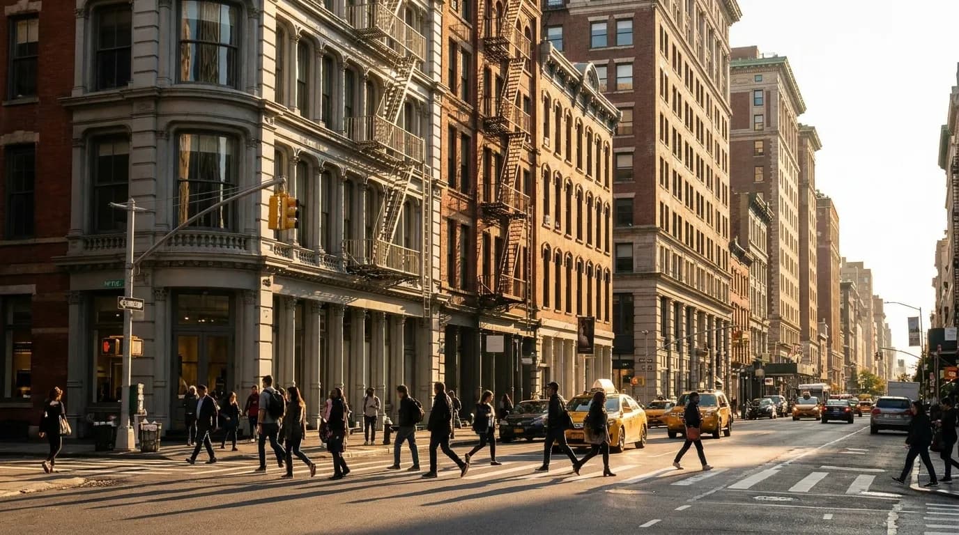 Street view of the Flatiron District in New York City with pedestrians and historic architecture