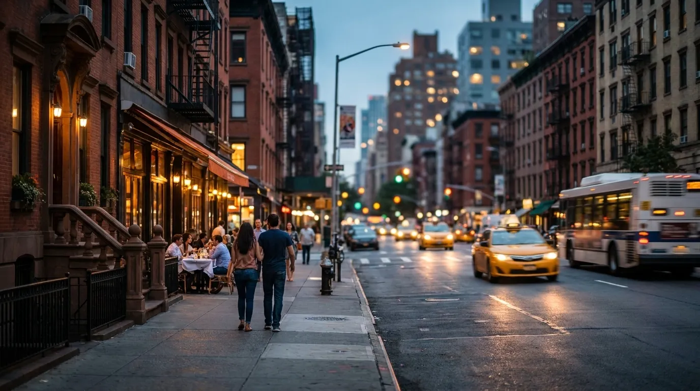 Chelsea street scene in New York City with brownstones and evening atmosphere