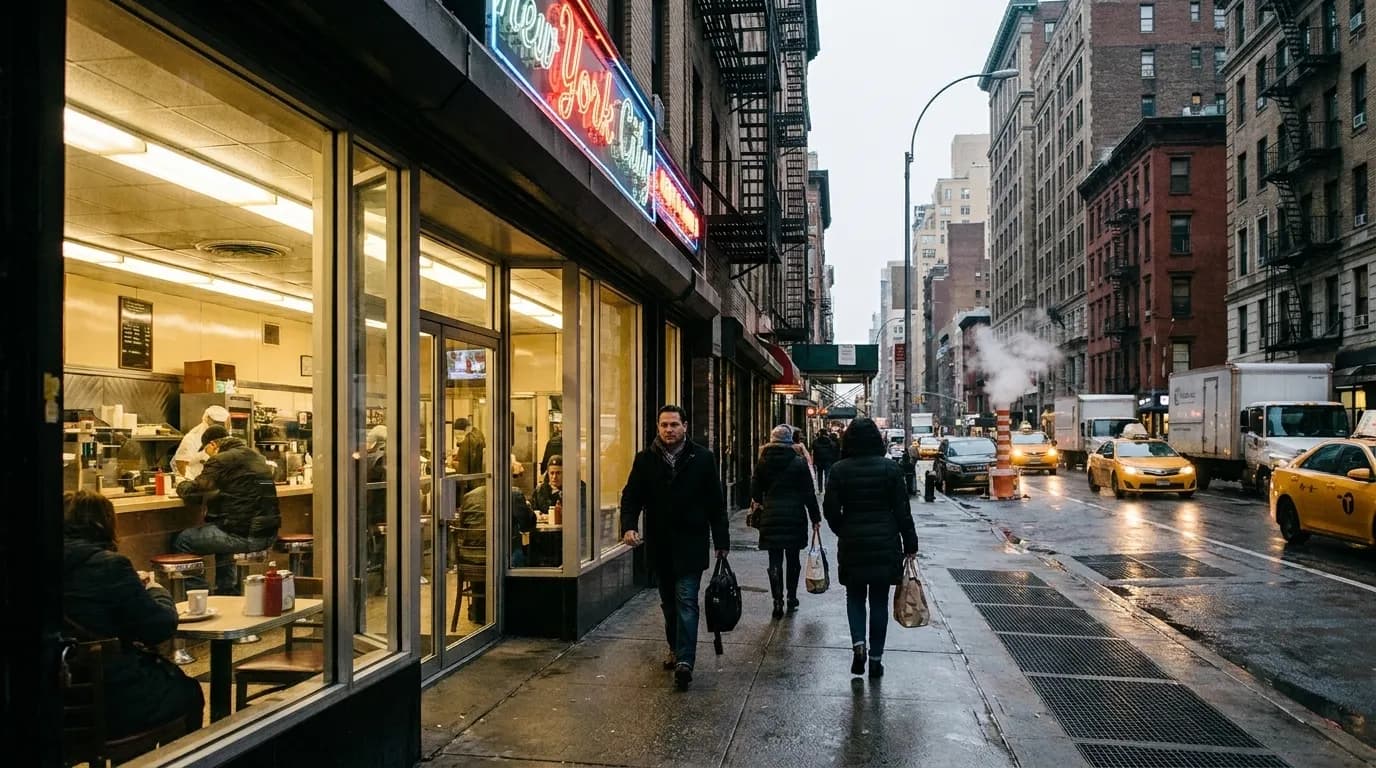 Margon restaurant exterior in Midtown Manhattan at dusk, illuminated signage above busy lunch counter