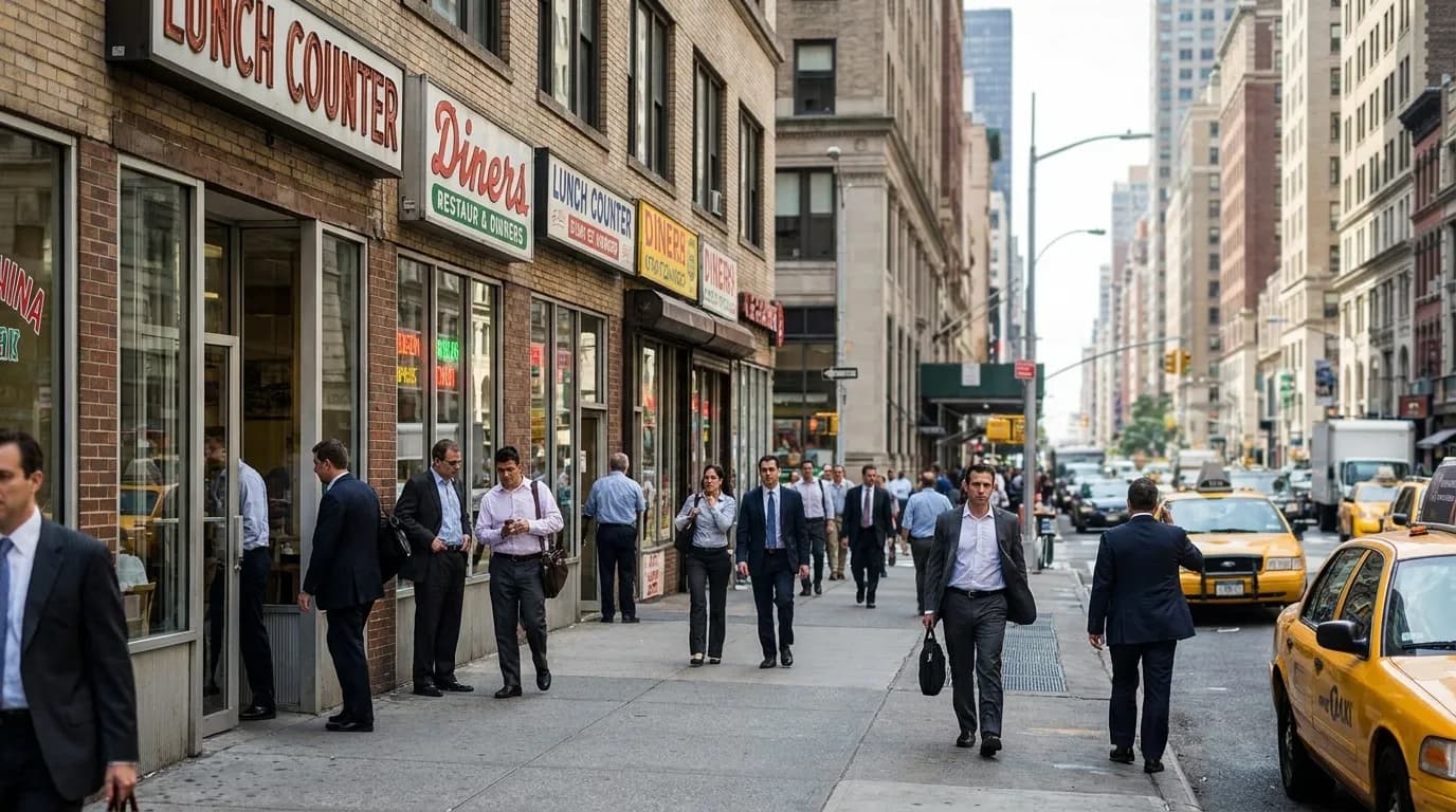 46th Street in Hell's Kitchen showing typical lunch counter storefronts and Midtown pedestrian traffic