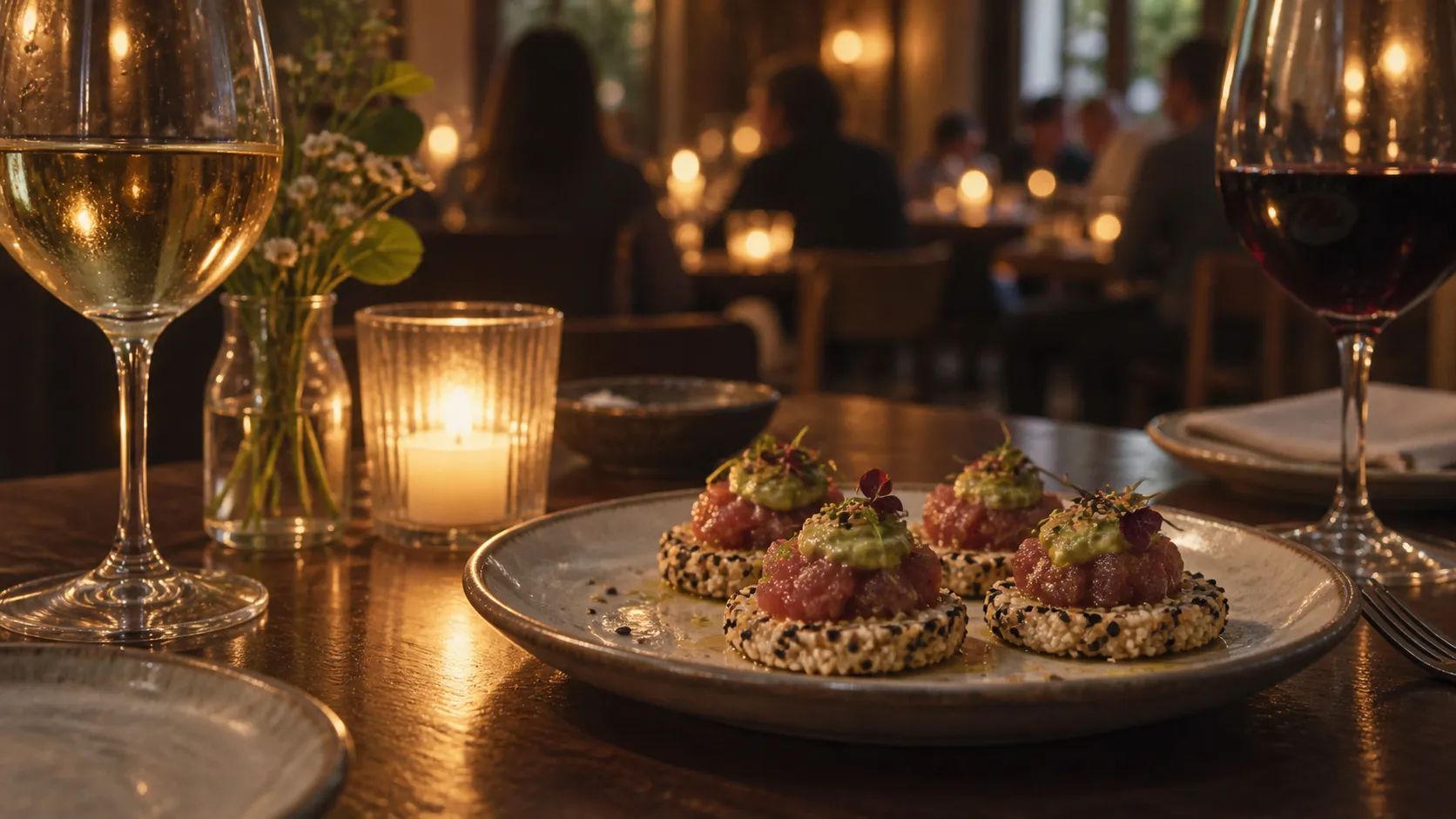 Small candlelit table with tuna-topped sesame rice crackers, guacamole, wine glasses and a softly shadowed communal dining room behind.