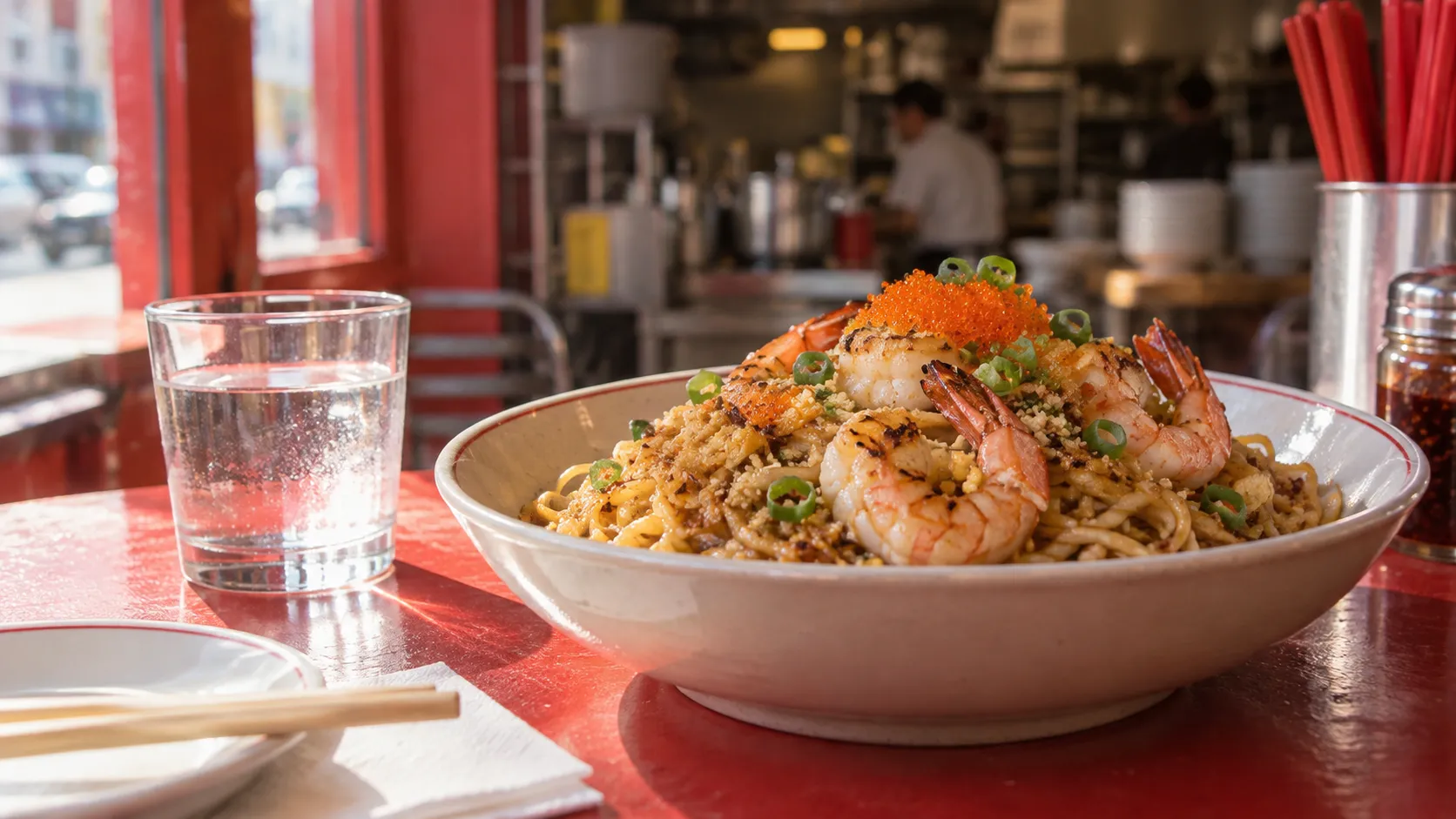 Bright daytime tabletop view inside Saigon Social with garlic noodles, prawns, tobiko, water and softly blurred tableware.