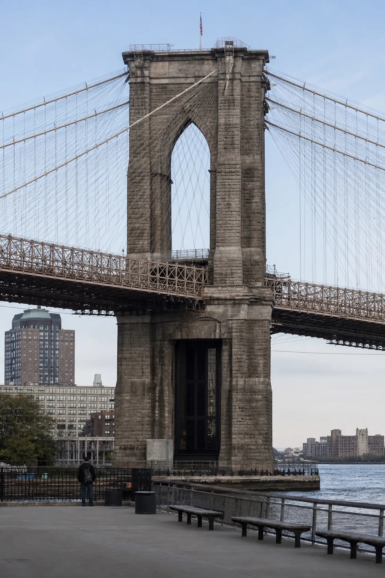Bridge structure over the East River seen from the waterfront