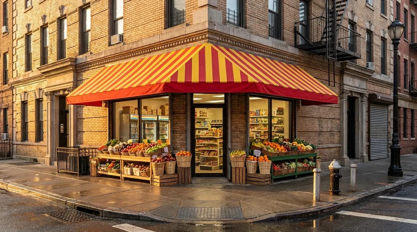 Classic New York bodega storefront on a sunny morning