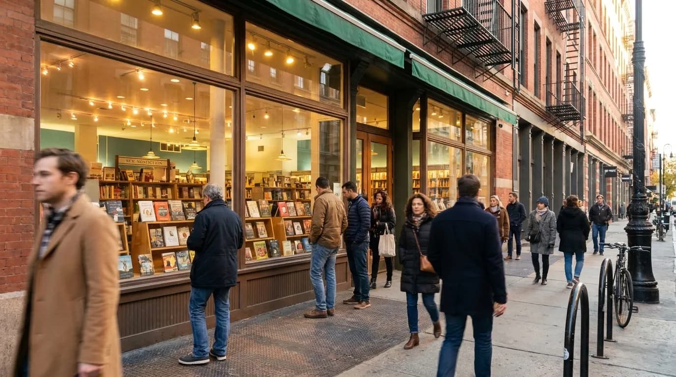 McNally Jackson bookstore storefront in Manhattan with pedestrians walking past