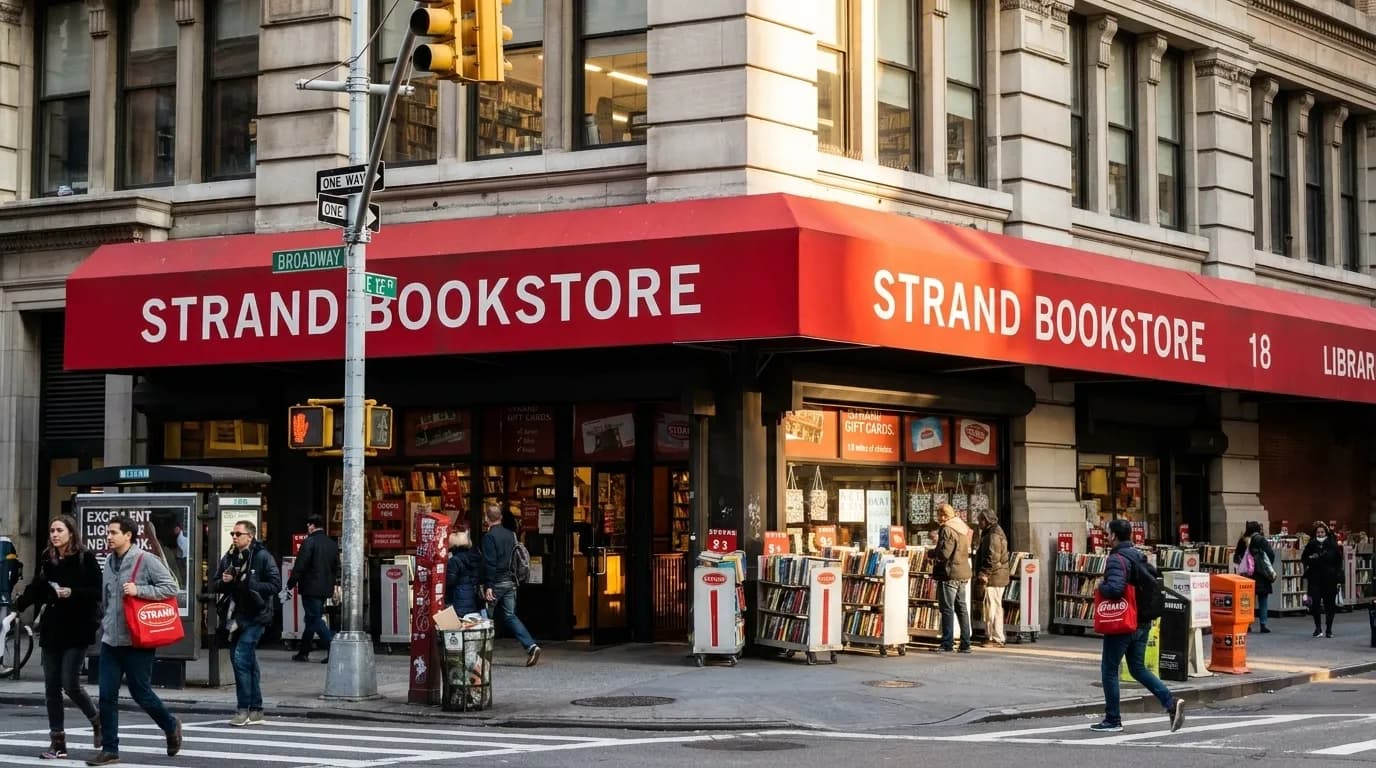 Strand Bookstore's iconic red awning and storefront on Broadway