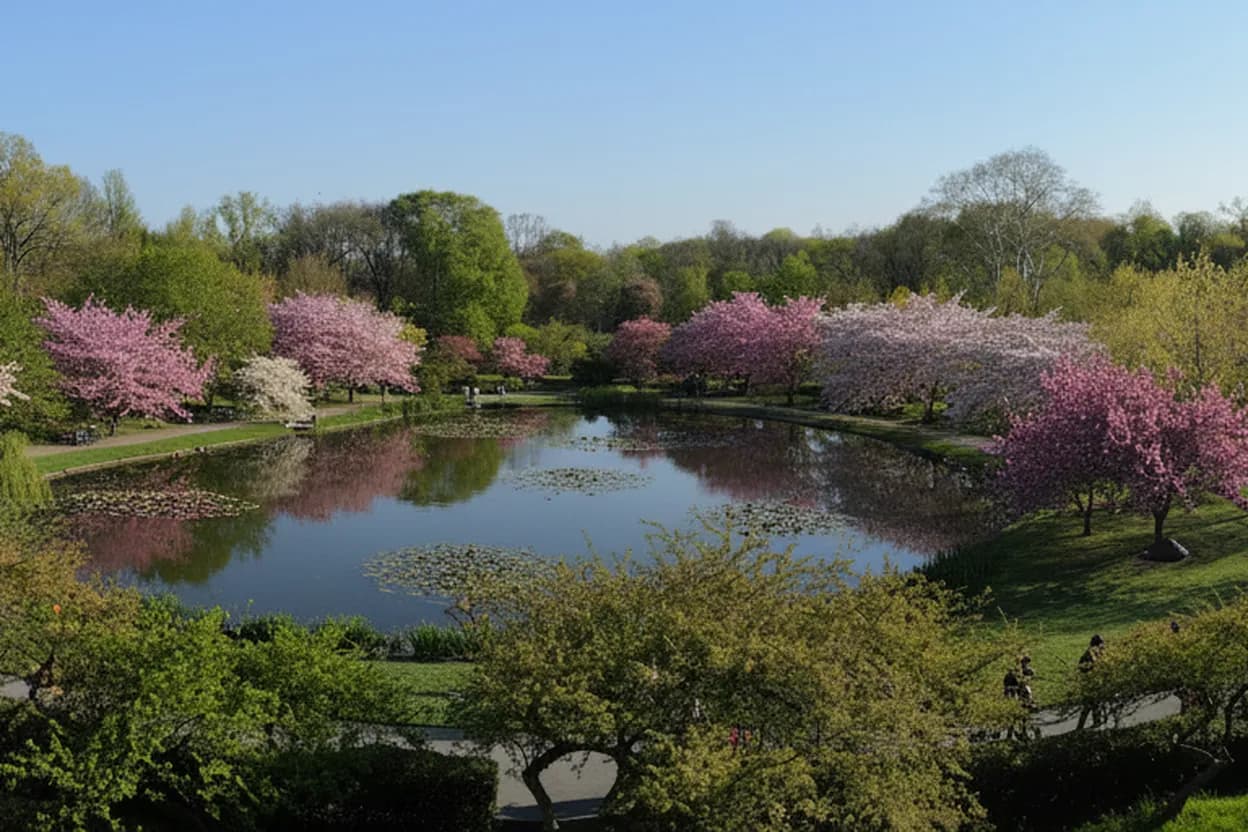 A lush botanic garden with flowering trees and paths