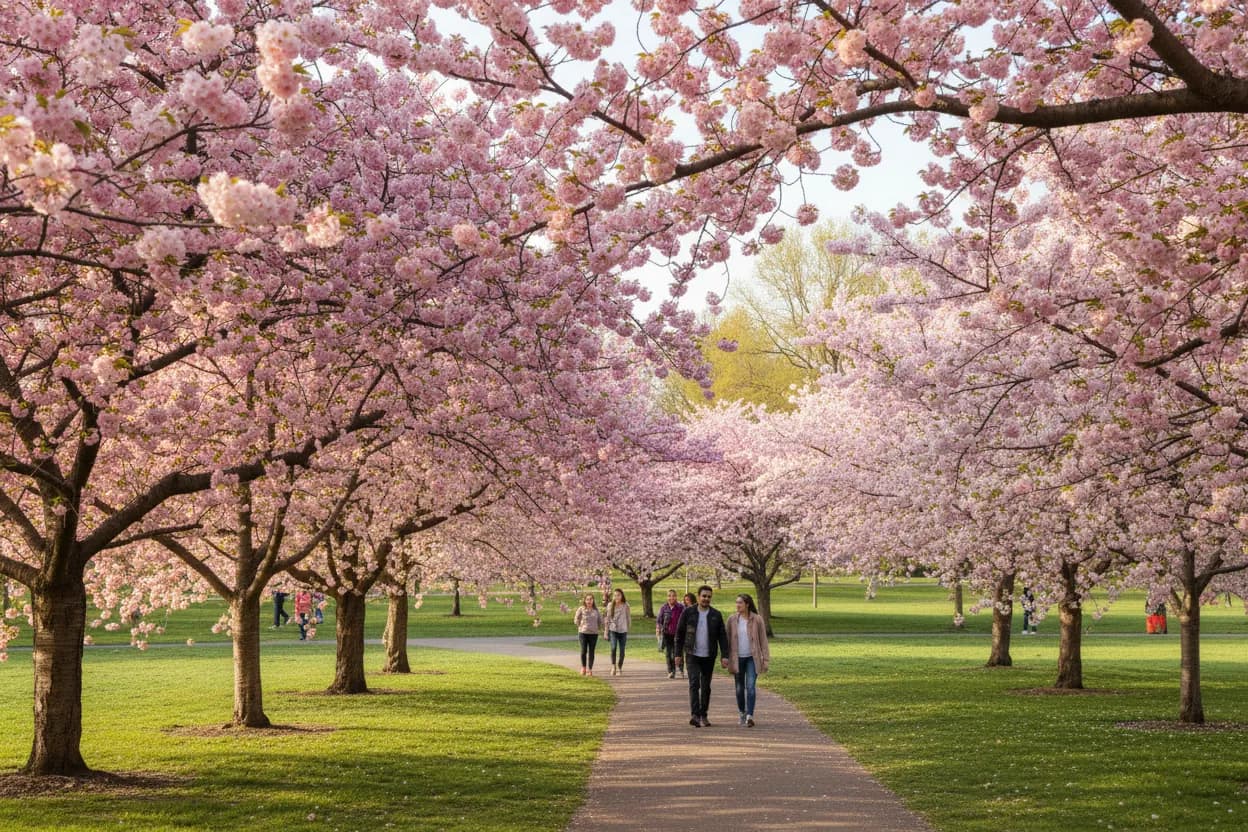 Blossoming trees along a botanic garden path