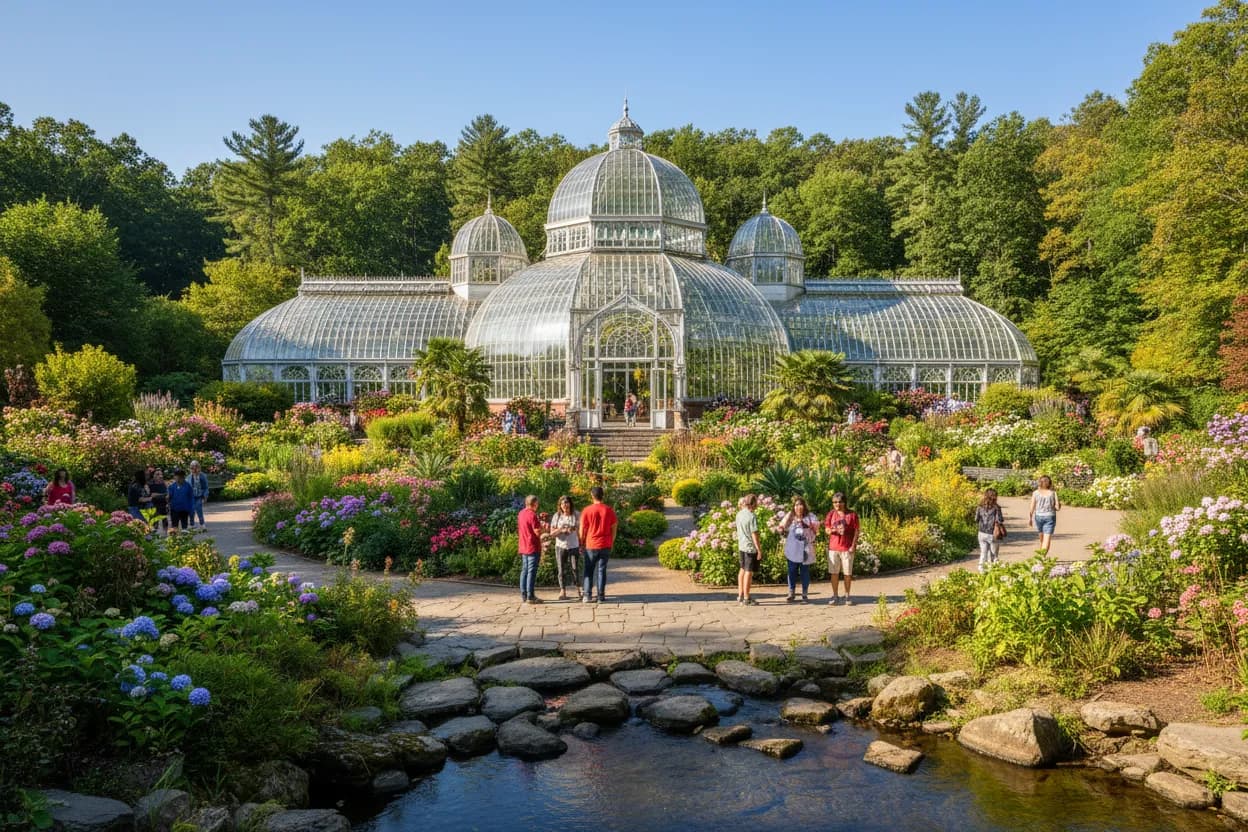 A grand conservatory glasshouse in a NYC botanical garden