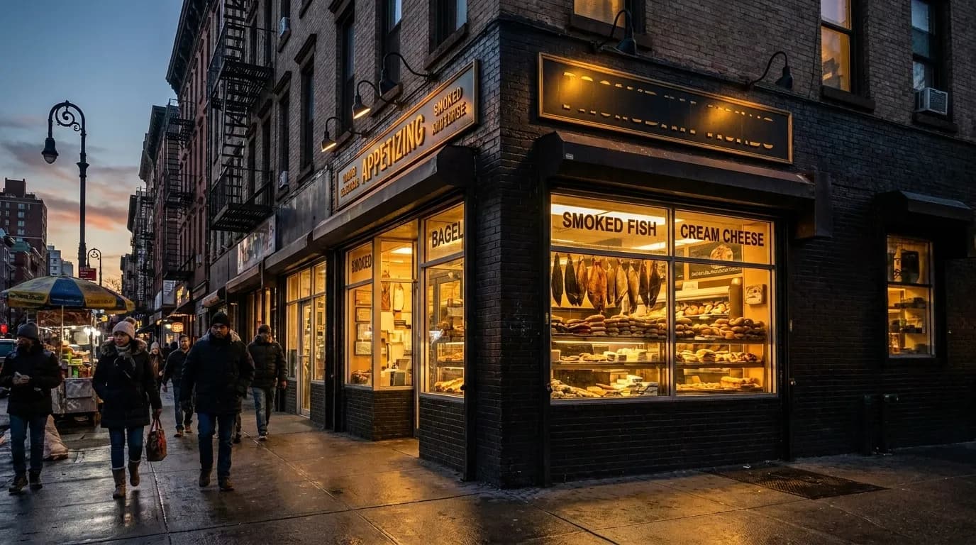 Russ & Daughters storefront on the Lower East Side at dusk