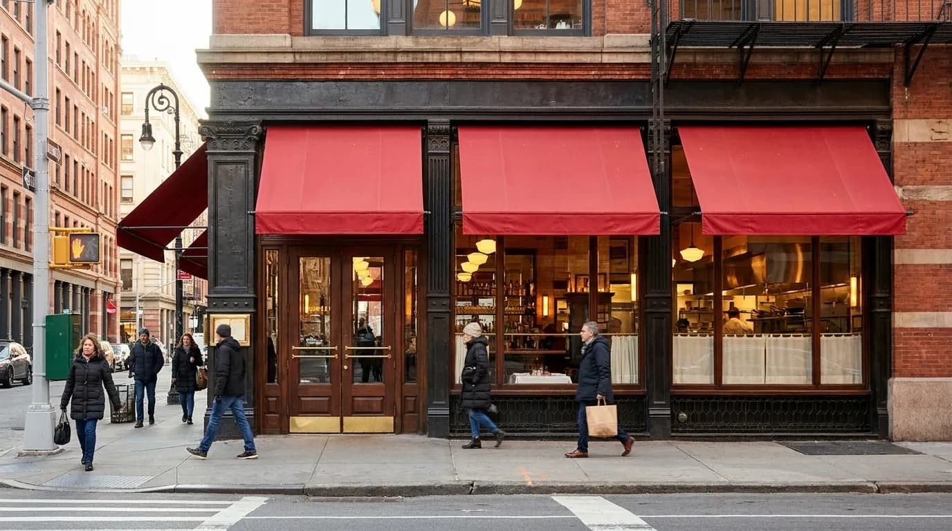 Balthazar brasserie exterior in SoHo, New York City, red awning and large windows visible from the street