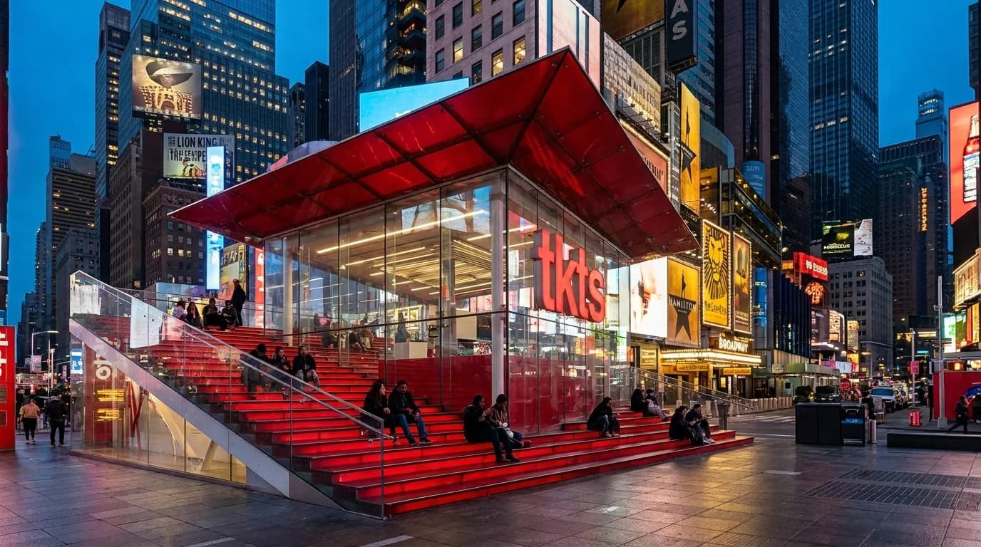 Red TKTS stairs in Times Square with digital billboard backdrop