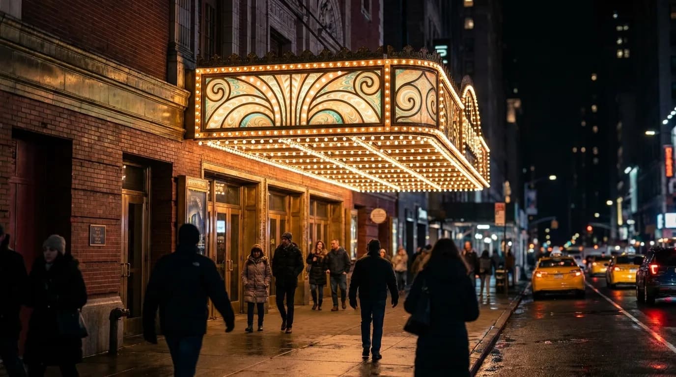 Broadway theater marquee lit up at night on West 46th Street