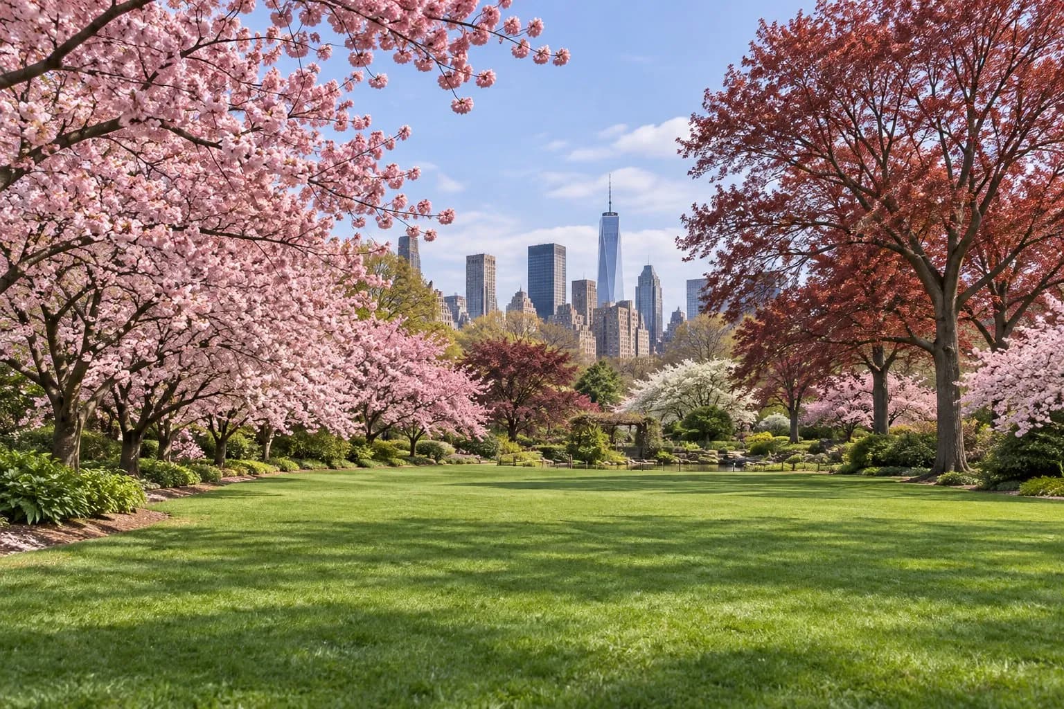 Cherry Esplanade lawn at Brooklyn Botanic Garden lined with cherry and red oak trees in spring light