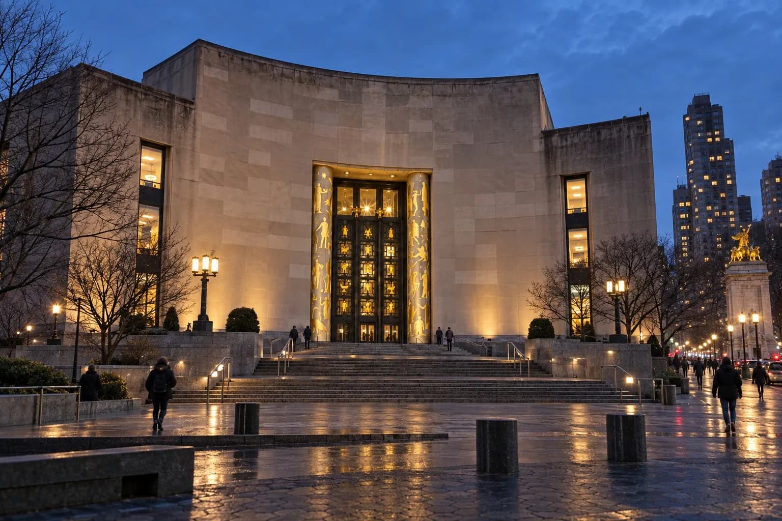 Brooklyn Public Library Central Library’s limestone Art Deco facade and concave entry portico at Grand Army Plaza