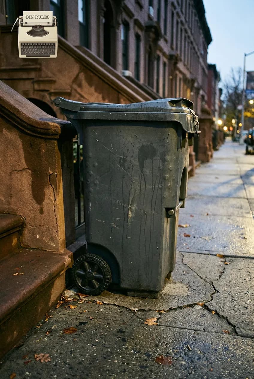 A Brooklyn curbside trash container scene inspired by NYC Empire Bin rollout materials