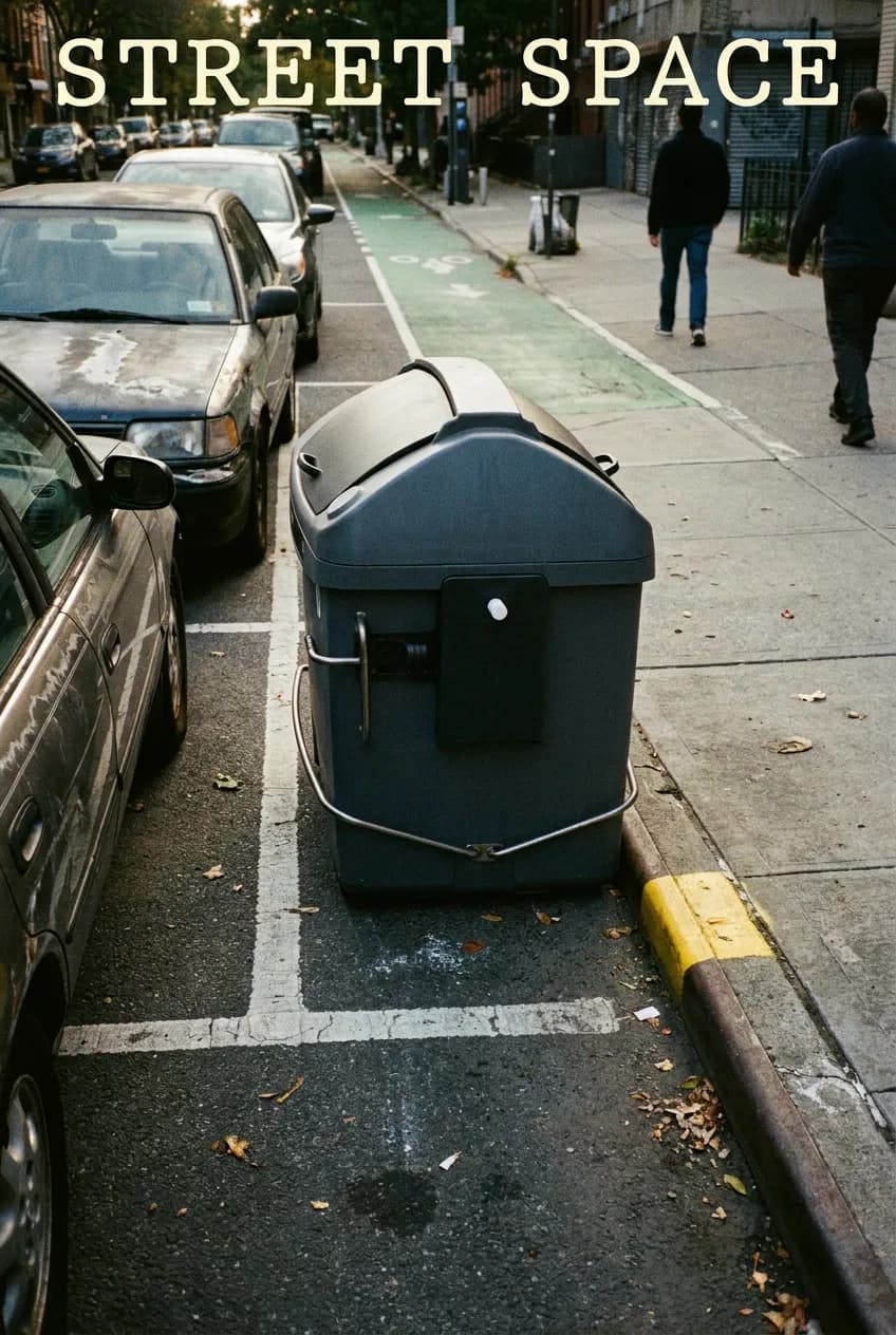 A close curbside container detail styled for a Brooklyn street-space explainer