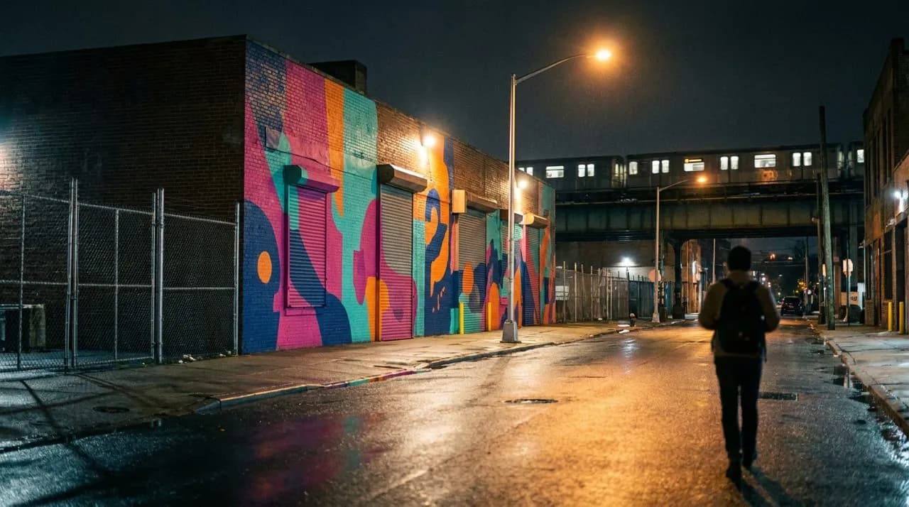 A Bushwick industrial street at night with a colorful mural and wet asphalt reflecting magenta and teal light