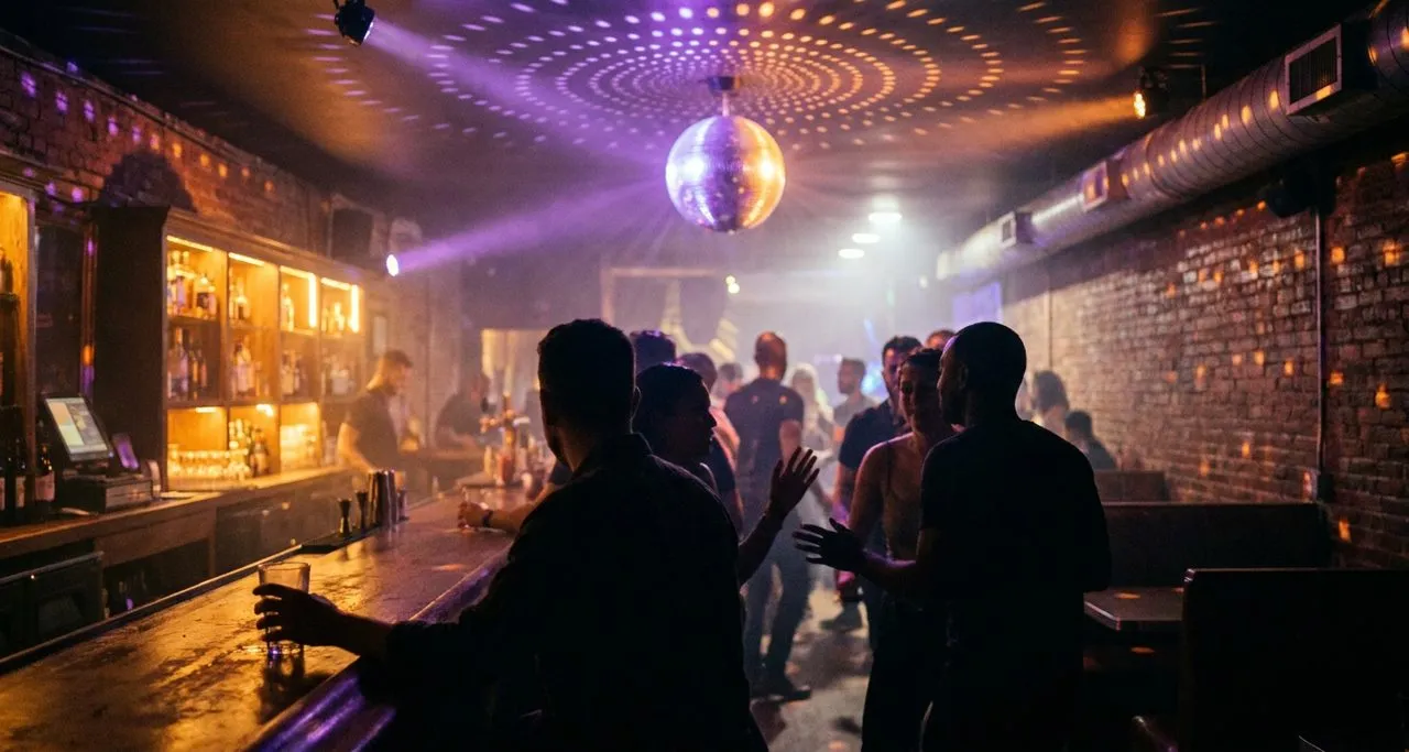 A dim neighborhood dance bar with a mirror ball scattering colored light over a silhouetted crowd