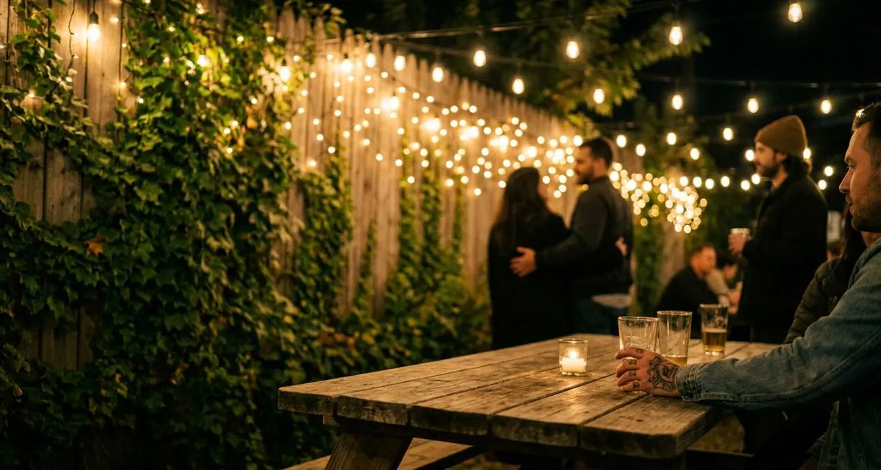 A back-patio bar at night with warm Edison string lights, picnic tables and climbing ivy