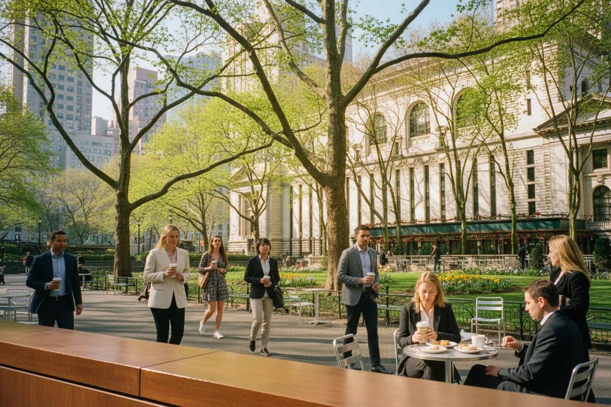 Bryant Park morning walk after a clean breakfast stop
