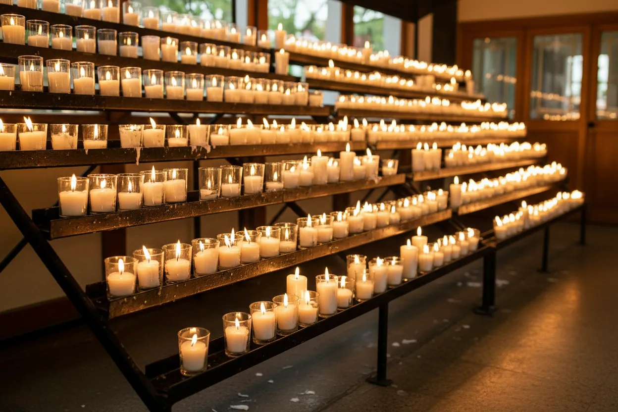 Rows of finished candles glowing on shelves