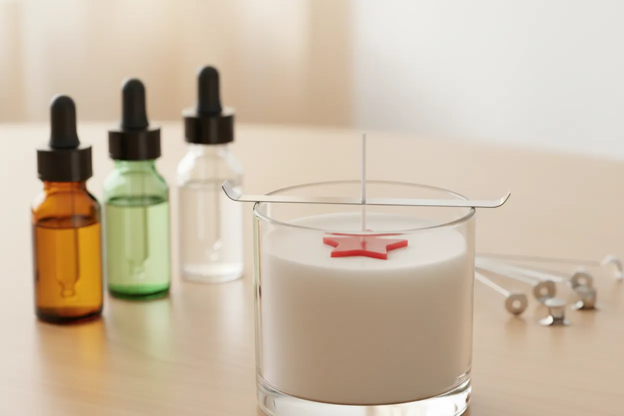 A freshly poured candle setting beside fragrance oils