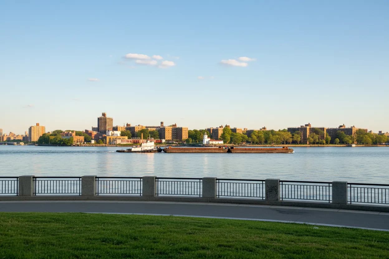 A wide East River view with a passing barge from a park
