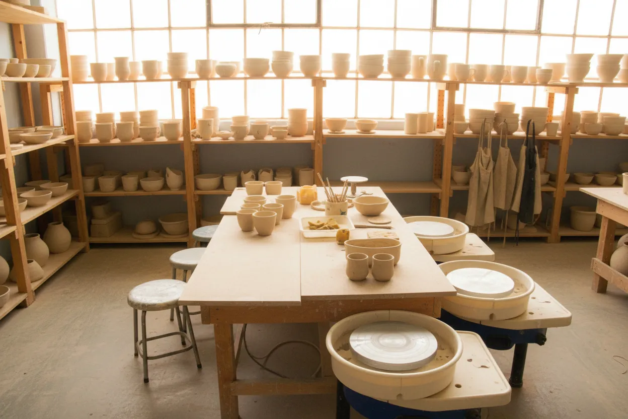 Bright NYC ceramics studio interior with wheels and drying shelves