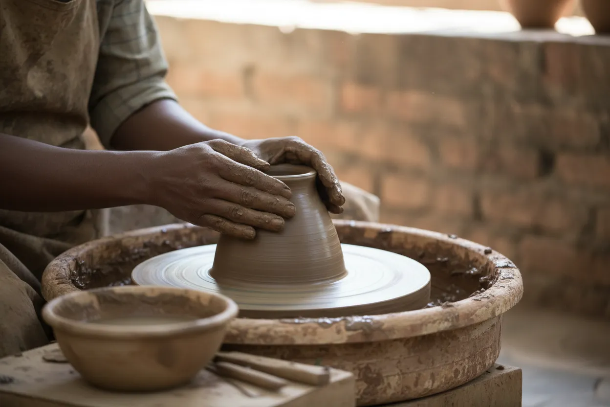 Beginner centering clay on a potter's wheel at a NYC studio