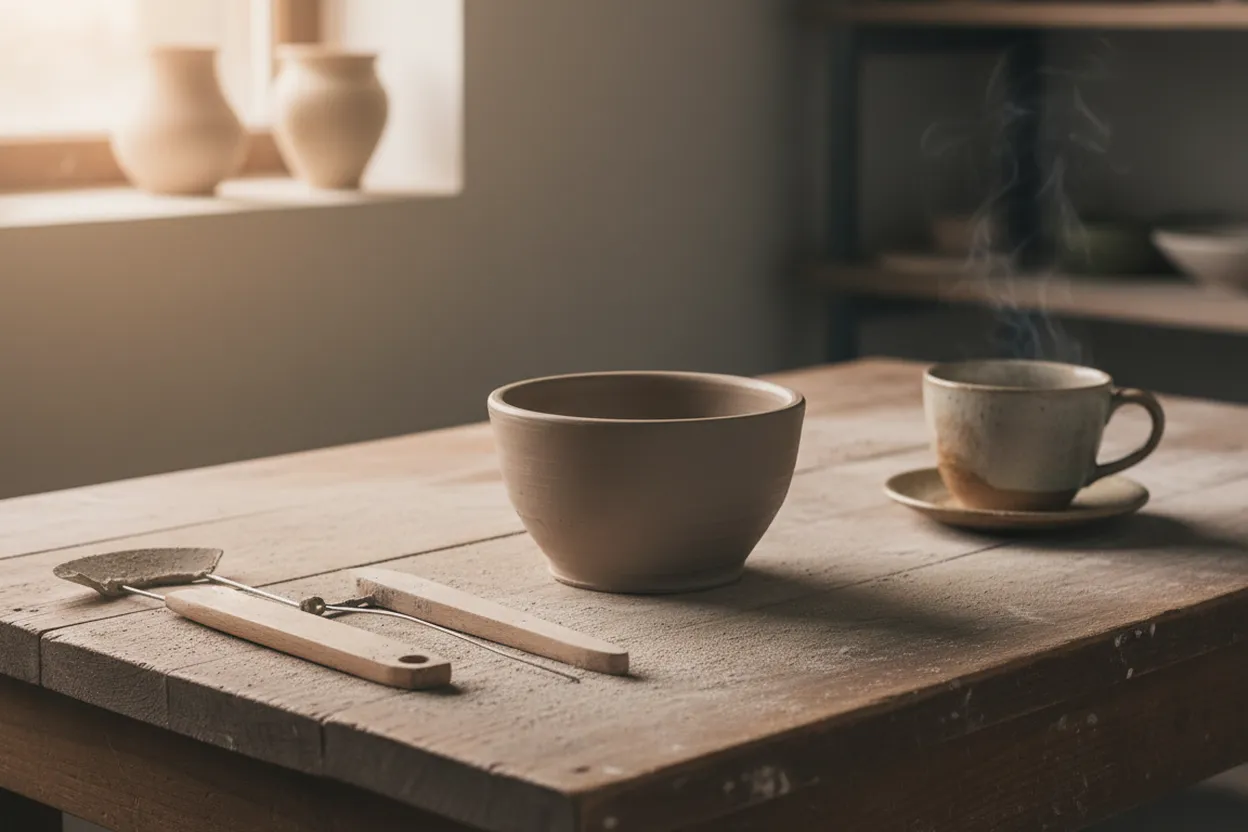Hand-building a clay bowl on a NYC studio worktable