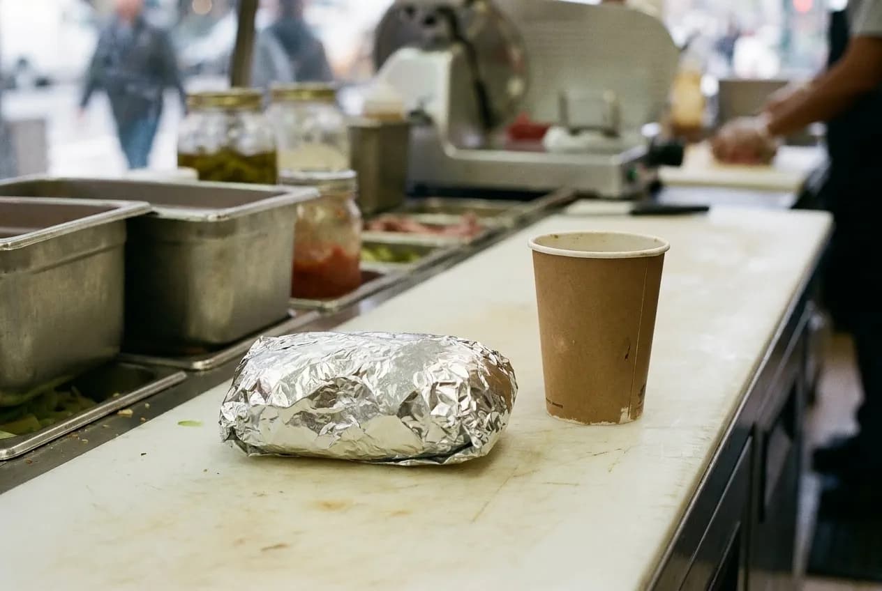 A foil-wrapped deli sandwich and a paper coffee cup on a worn counter