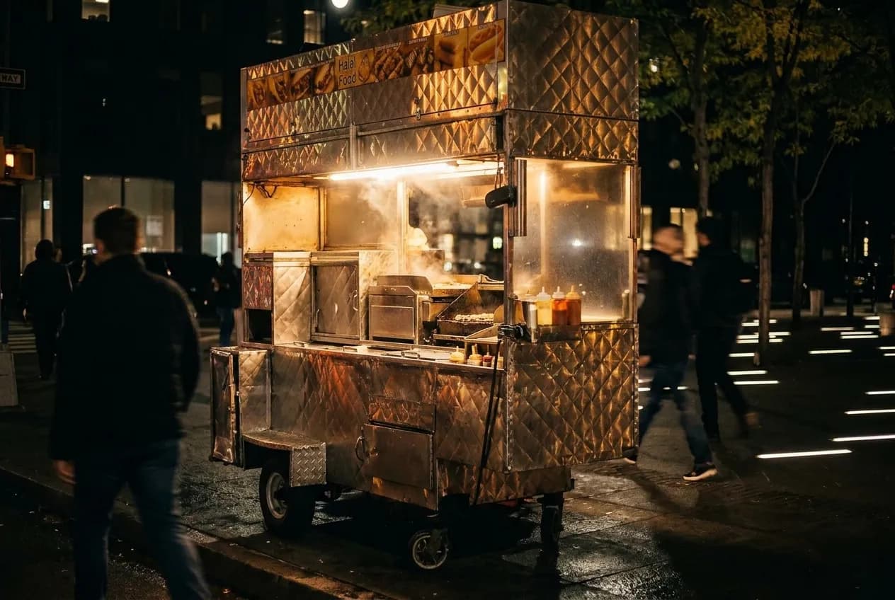 A street food cart lit from inside on a Manhattan corner at night