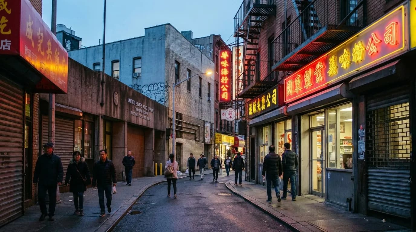 Doyers Street at night in Manhattan's Chinatown, neon signs glowing above narrow sidewalks