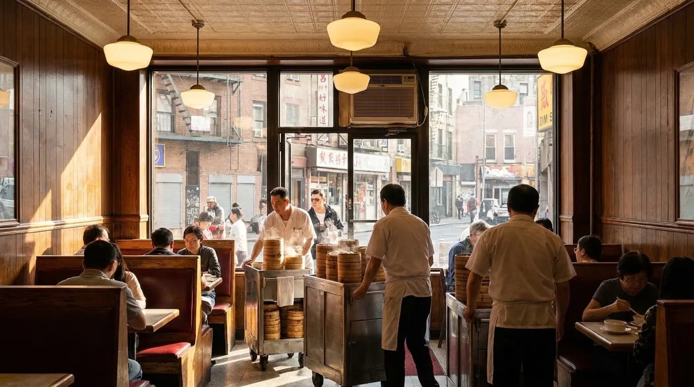 Interior of Nom Wah Tea Parlor showing vintage booths and dim sum trolleys