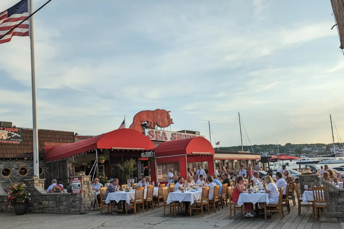 A waterfront seafood restaurant on a seaside strip