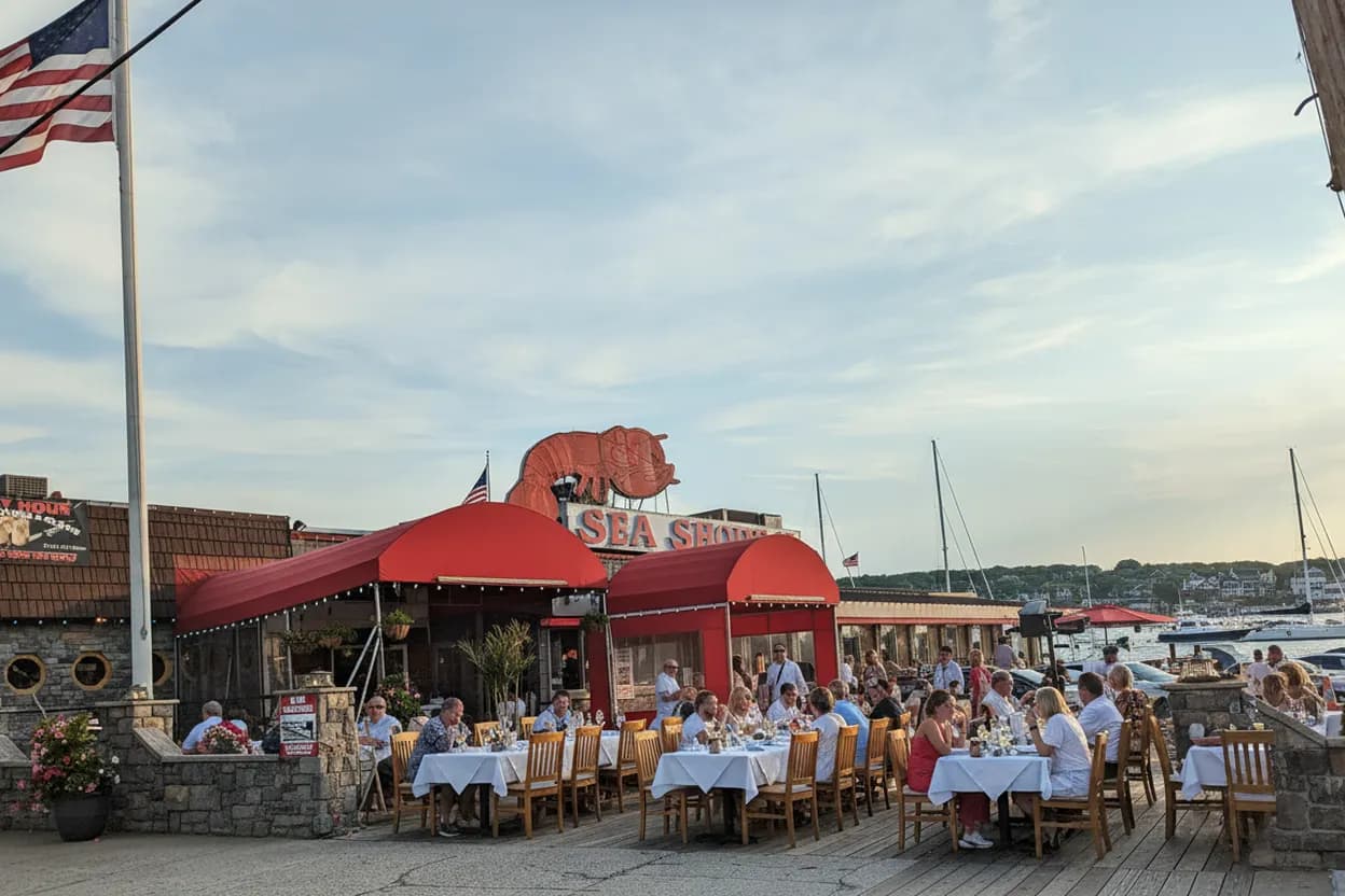 A waterfront seafood restaurant on a seaside strip