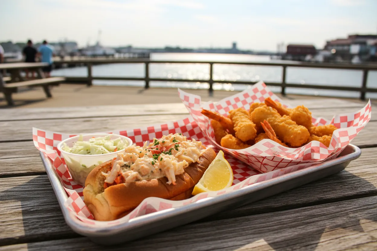 A lobster roll and fried seafood by the water