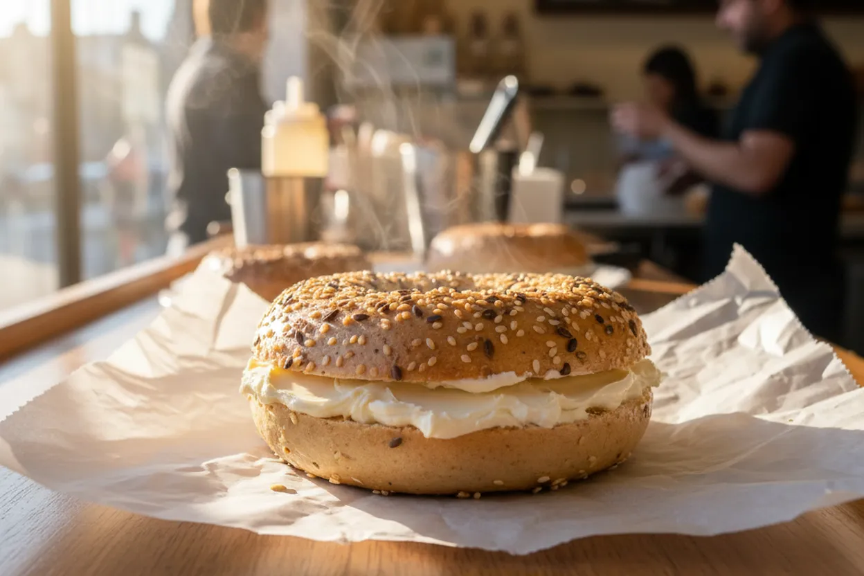 A fresh hand-rolled bagel with a schmear