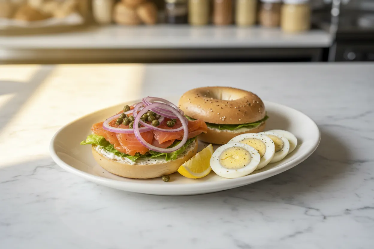 A smoked-fish bagel plate at an appetizing counter