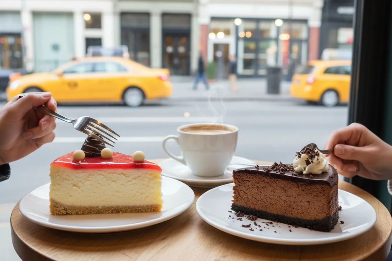 Sharing New York-style cheesecake and coffee