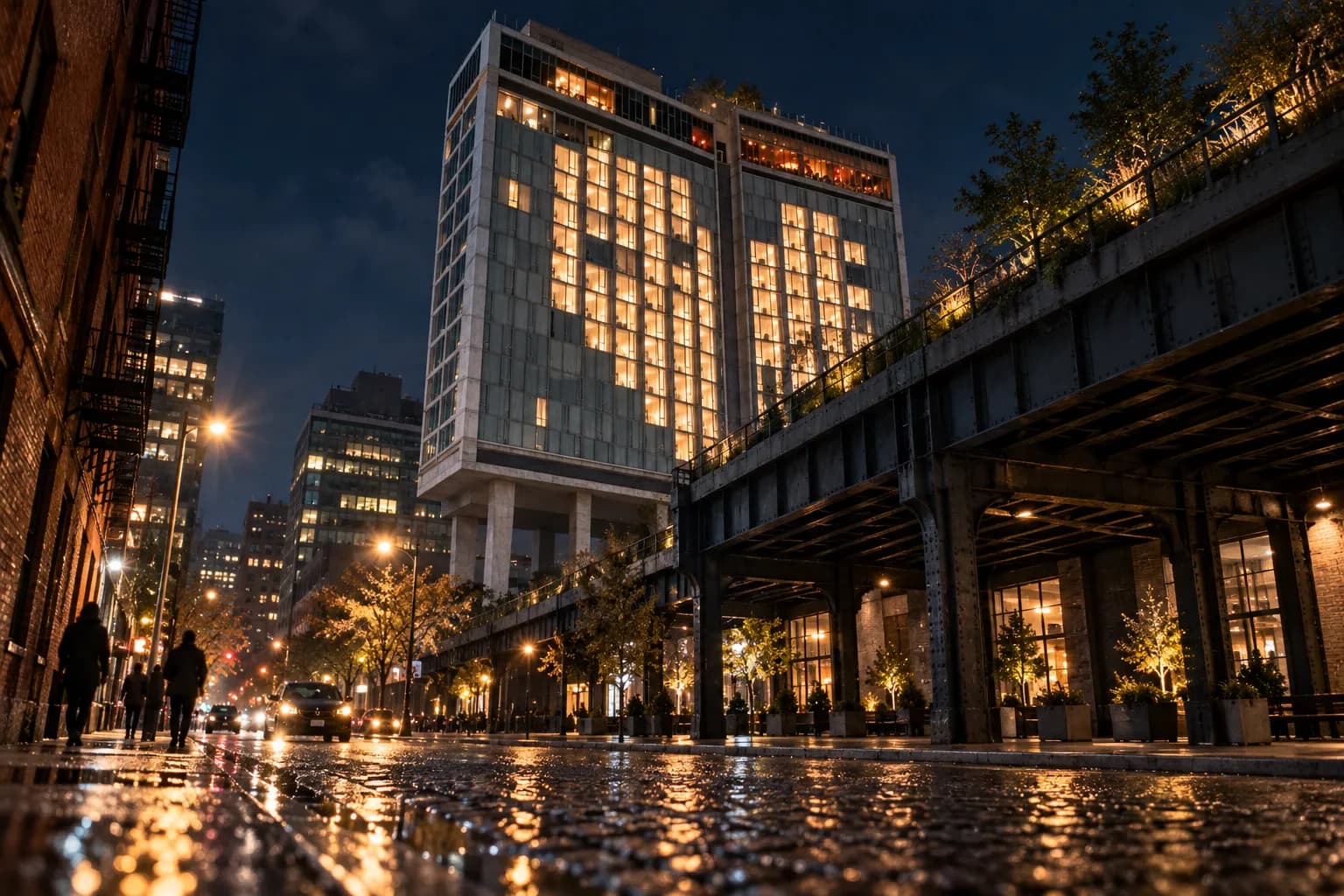 A glass-walled hotel rooftop above a west side Manhattan street at night
